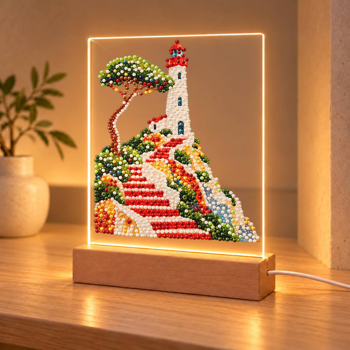 Lighthouse Above Winding Red Steps (Light-Up Pearl Painting)