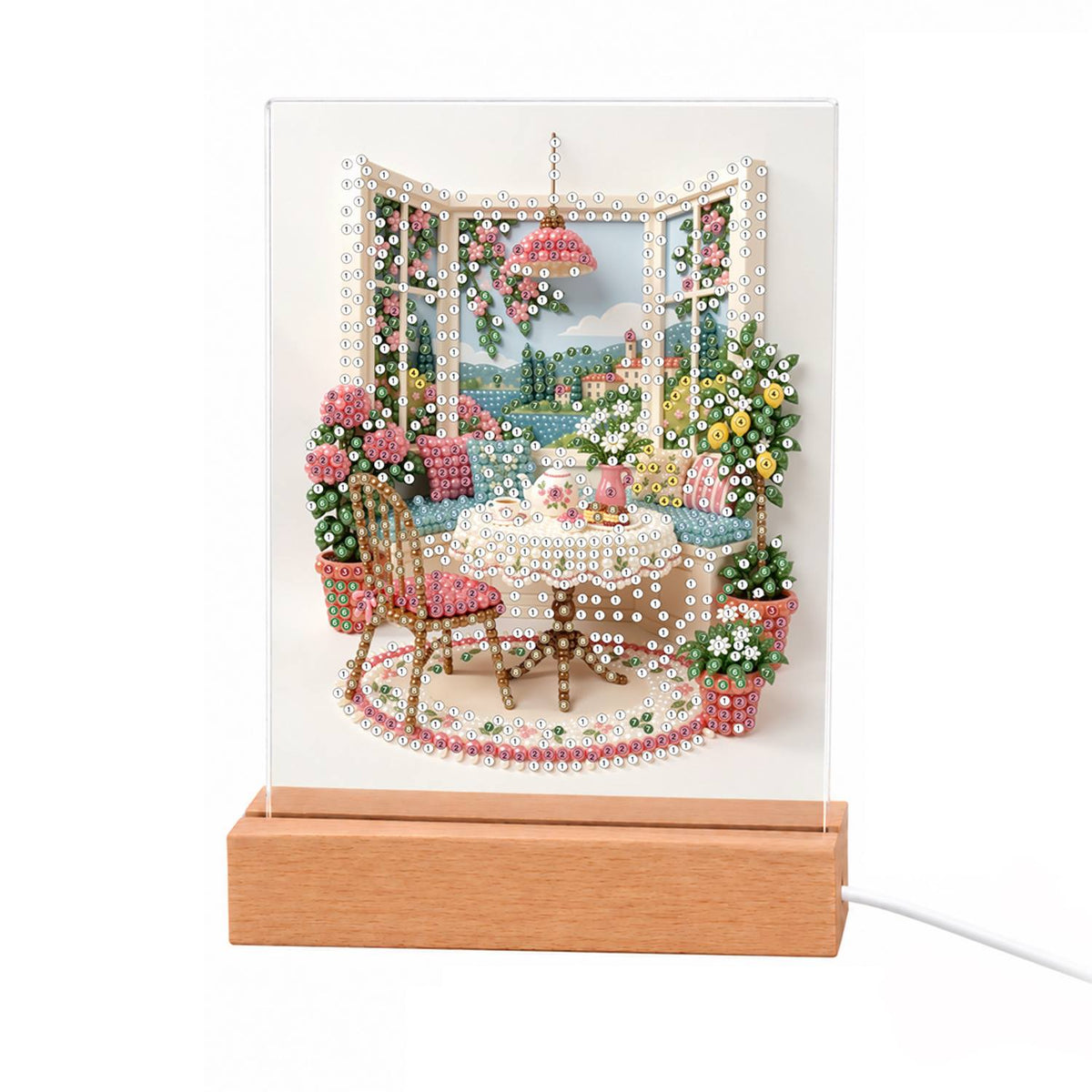 Tea Table by an Open Window light-up pearl painting – Round lace-covered tea table with pink chairs and a chandelier by an open window over a garden and lake