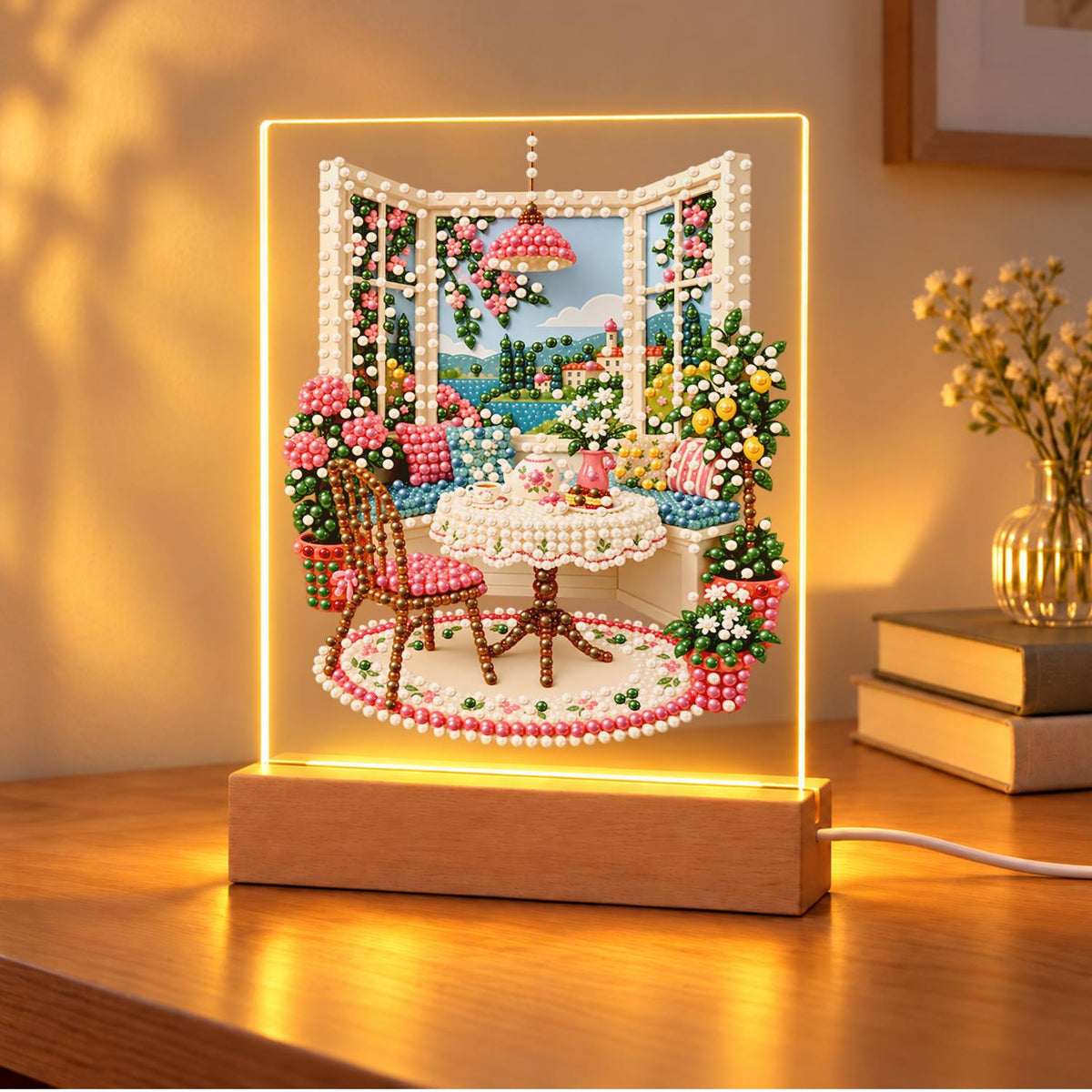 Tea Table by an Open Window (Light-Up Pearl Painting)