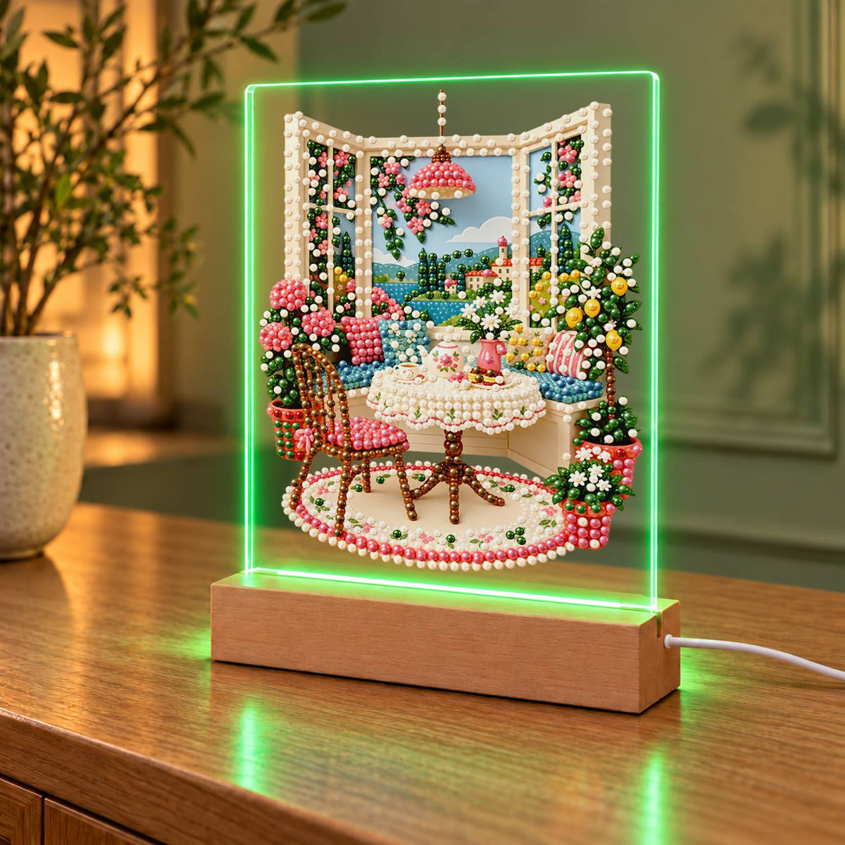 Tea Table by an Open Window (Light-Up Pearl Painting)