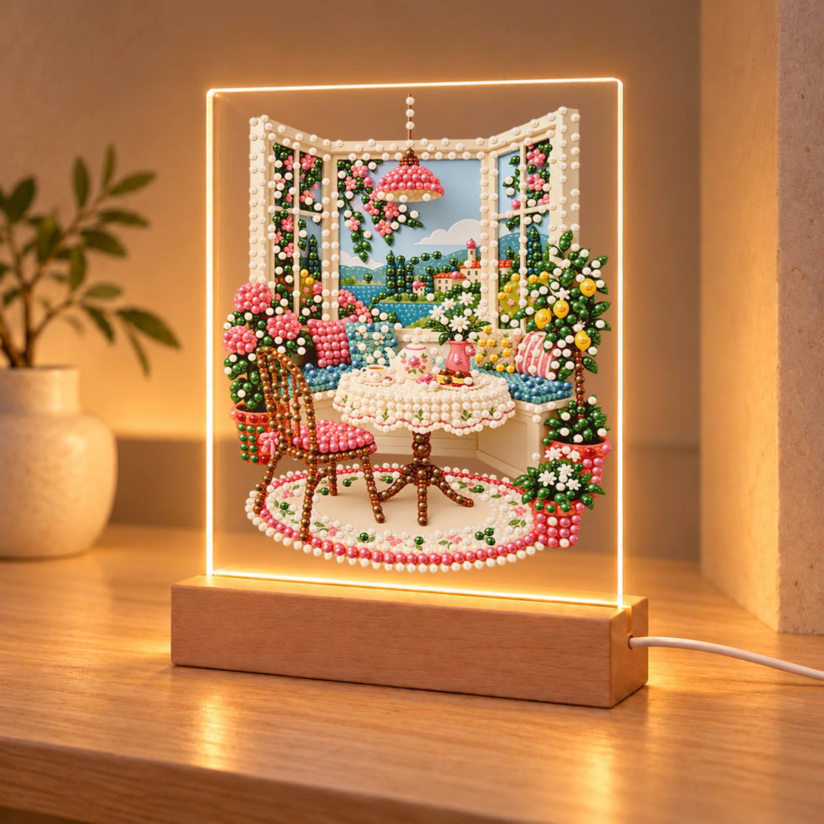 Tea Table by an Open Window (Light-Up Pearl Painting)