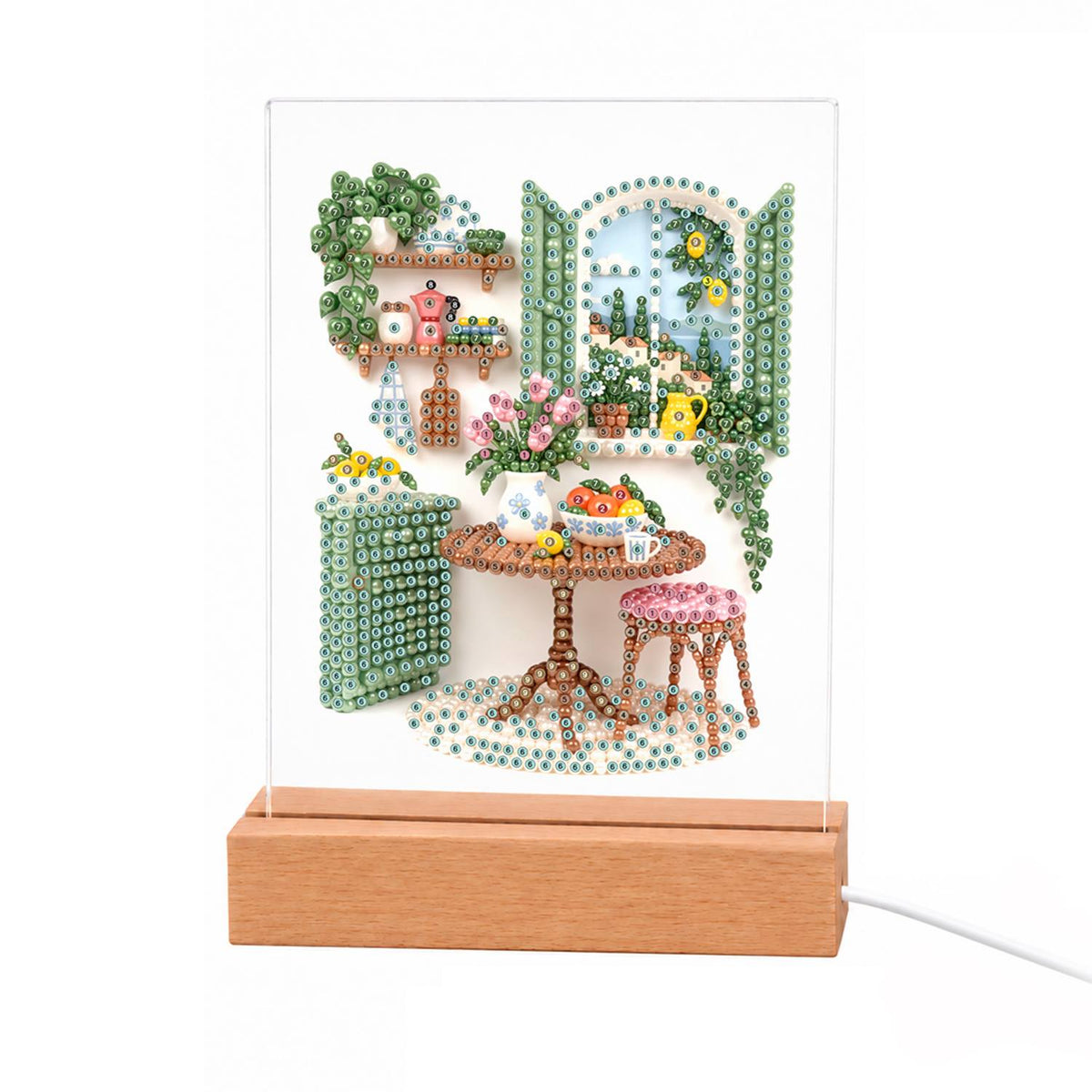 Green-Shuttered Breakfast Nook light-up pearl painting – Round table with a fruit bowl and flowers, a pink stool, hanging plants and open green shutters
