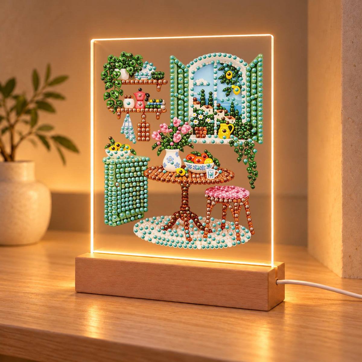 Green-Shuttered Breakfast Nook (Light-Up Pearl Painting)