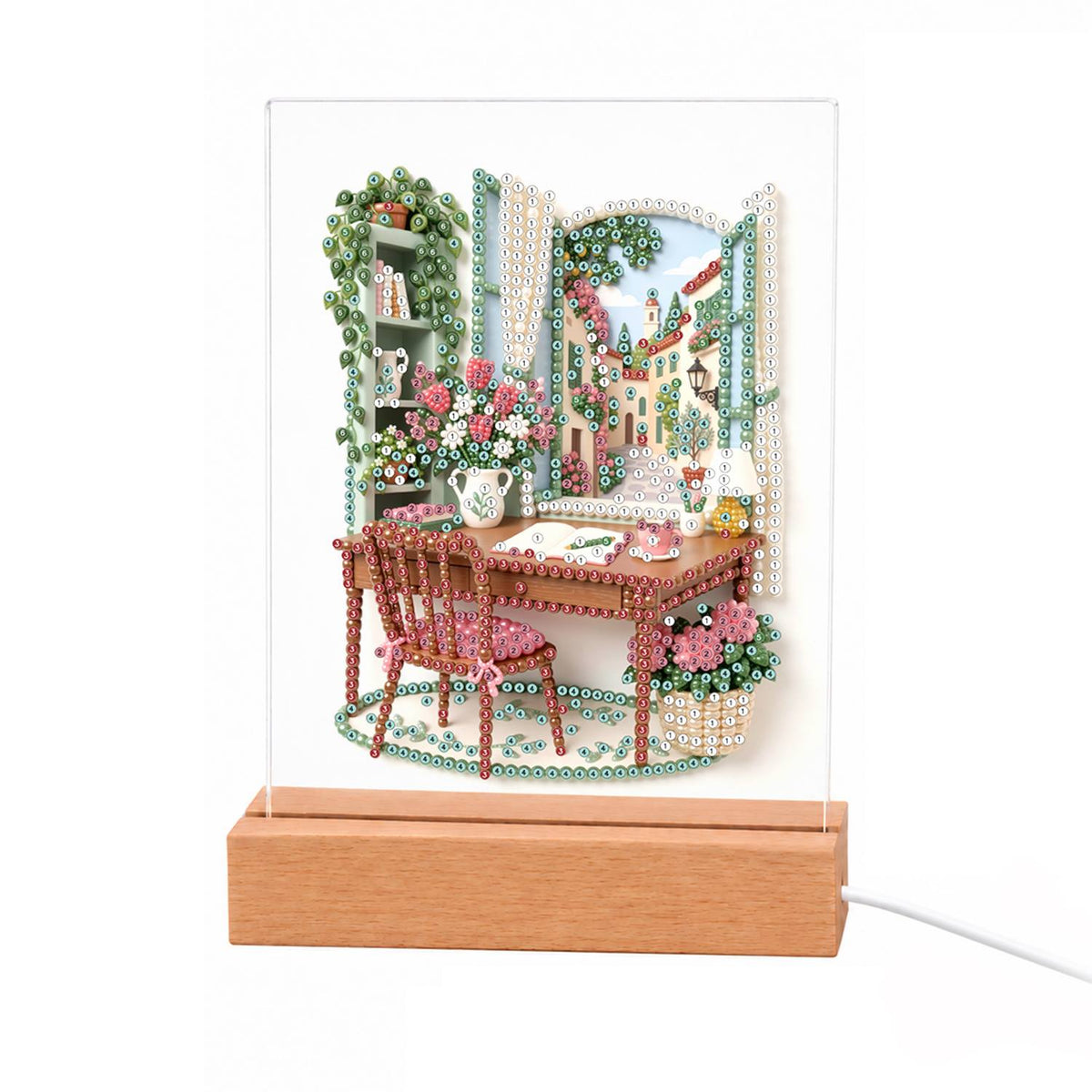 Writing Desk by a Village Window light-up pearl painting – Wooden writing desk with a letter, teacup and flowers, a pink chair and bookshelf by an open village window
