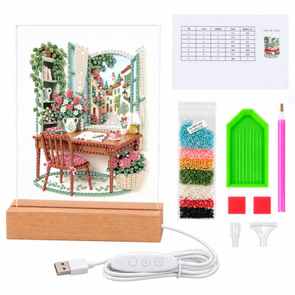 Writing Desk by a Village Window (Light-Up Pearl Painting)