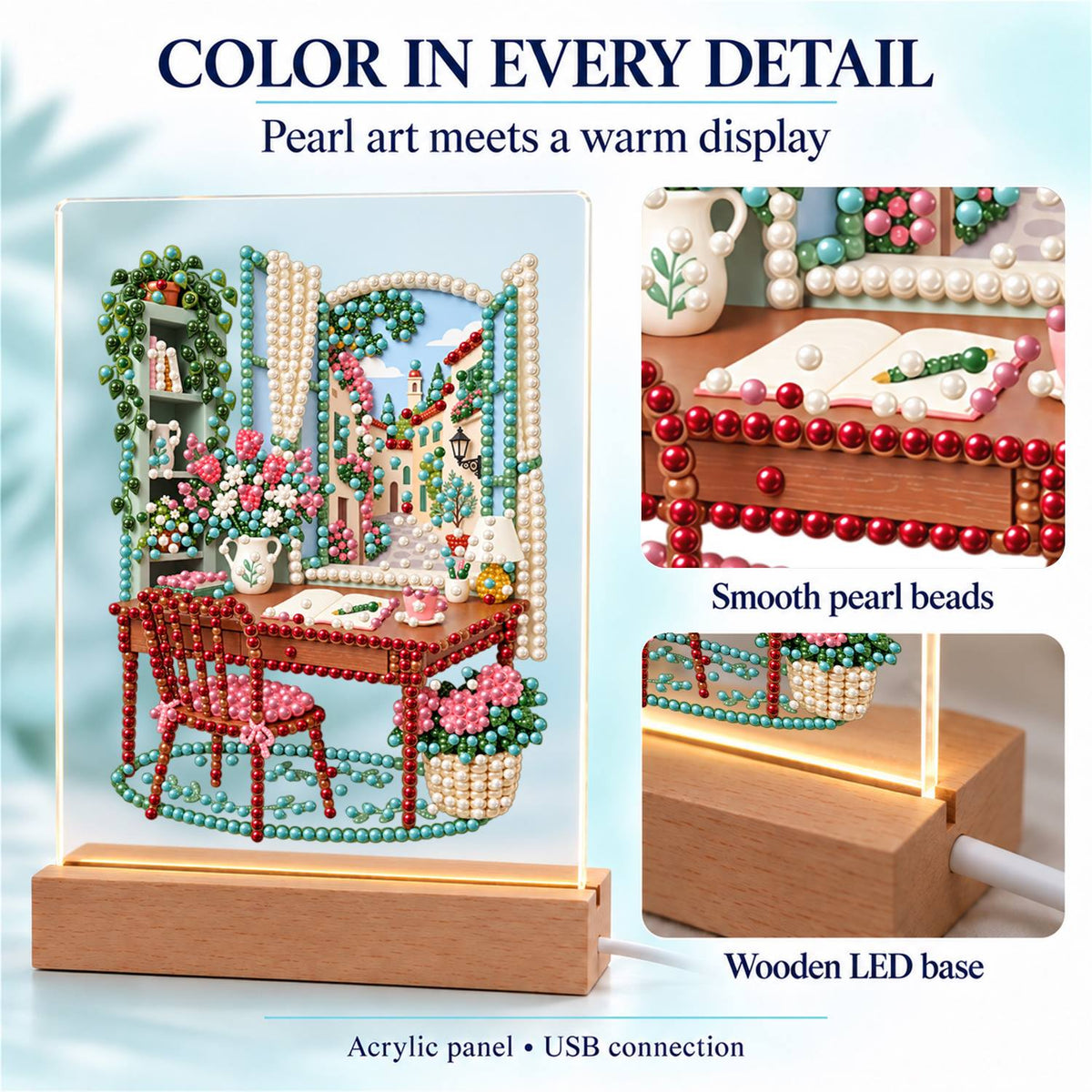 Writing Desk by a Village Window (Light-Up Pearl Painting)