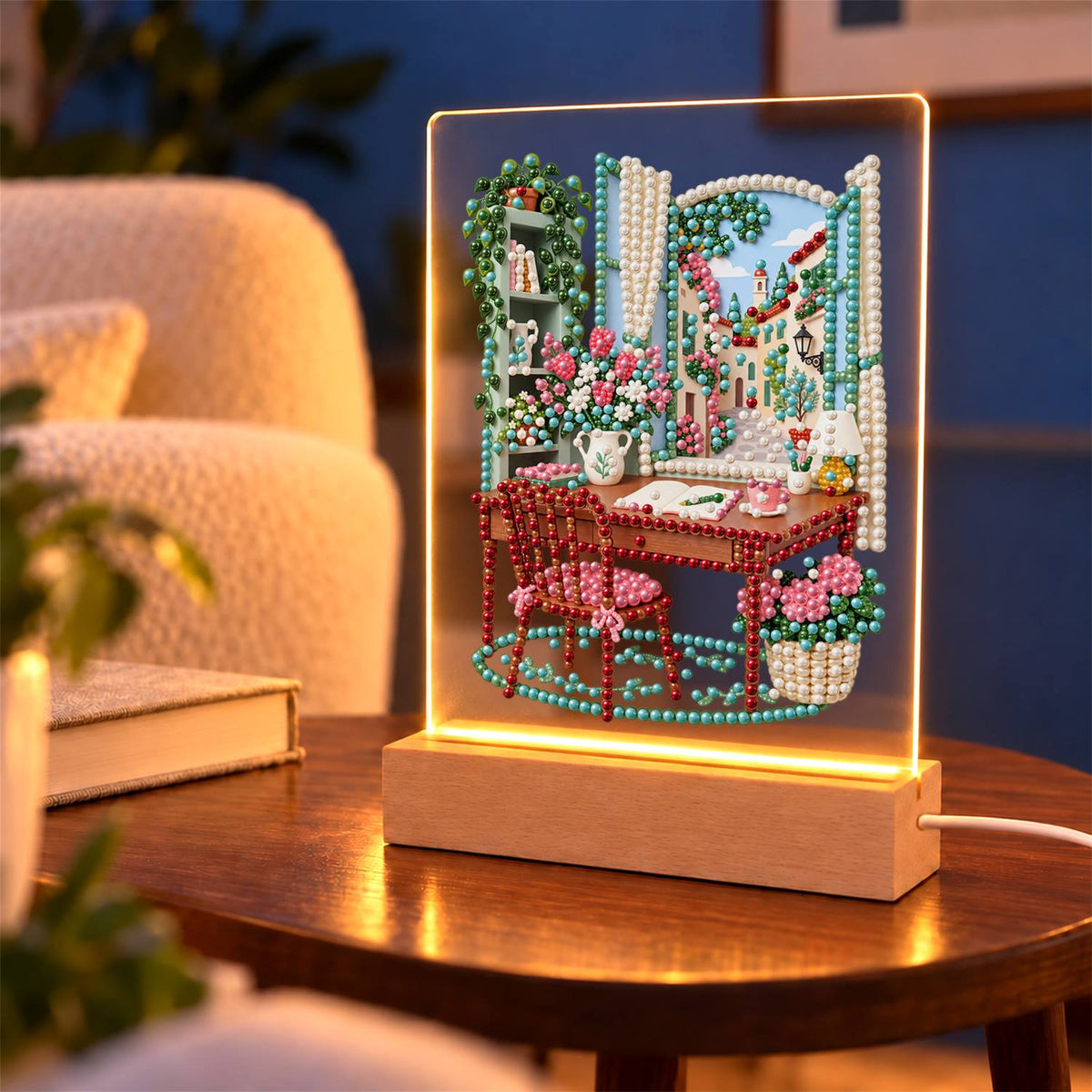 Writing Desk by a Village Window (Light-Up Pearl Painting)