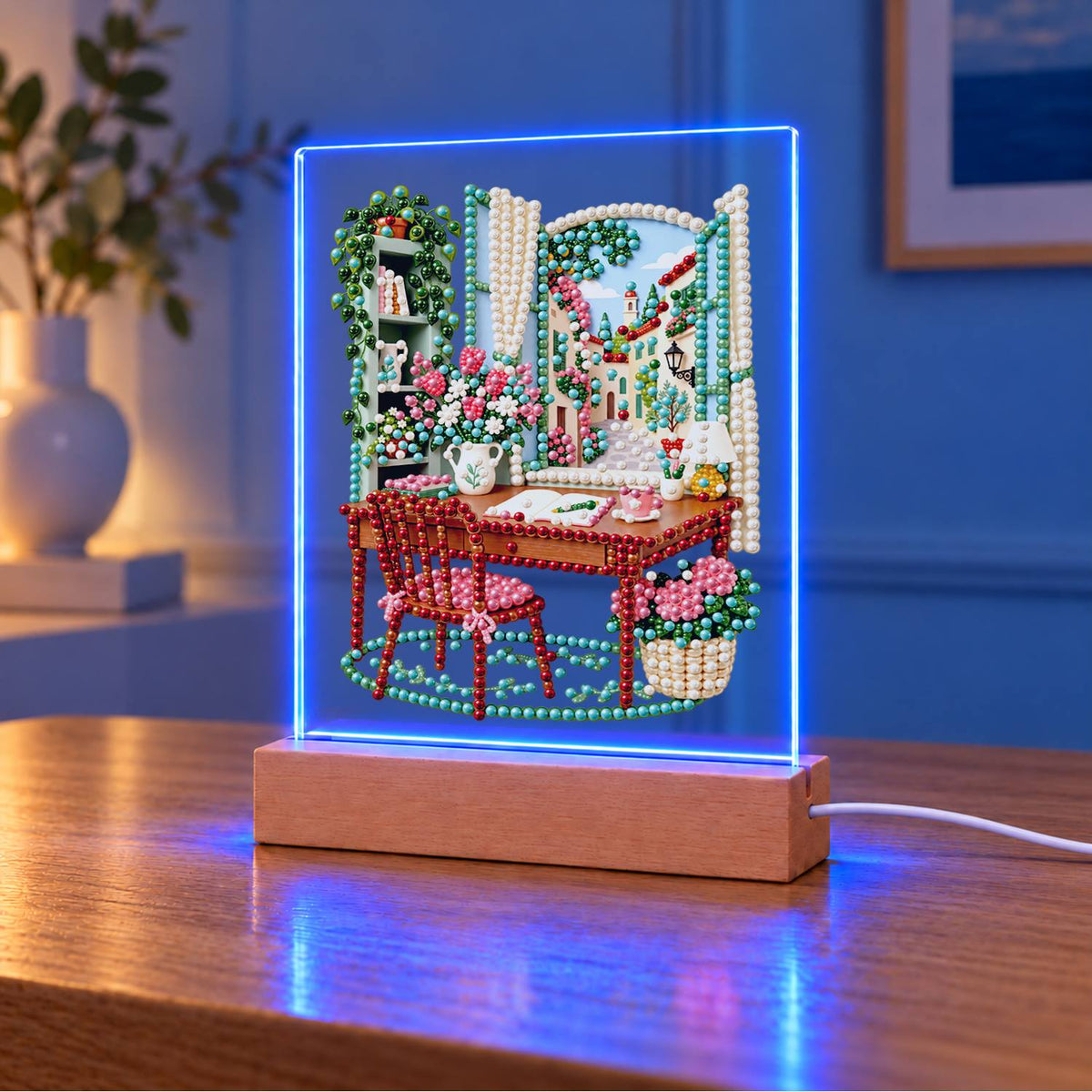 Writing Desk by a Village Window (Light-Up Pearl Painting)