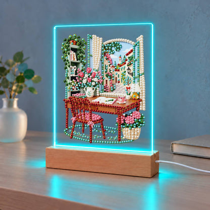 Writing Desk by a Village Window (Light-Up Pearl Painting)