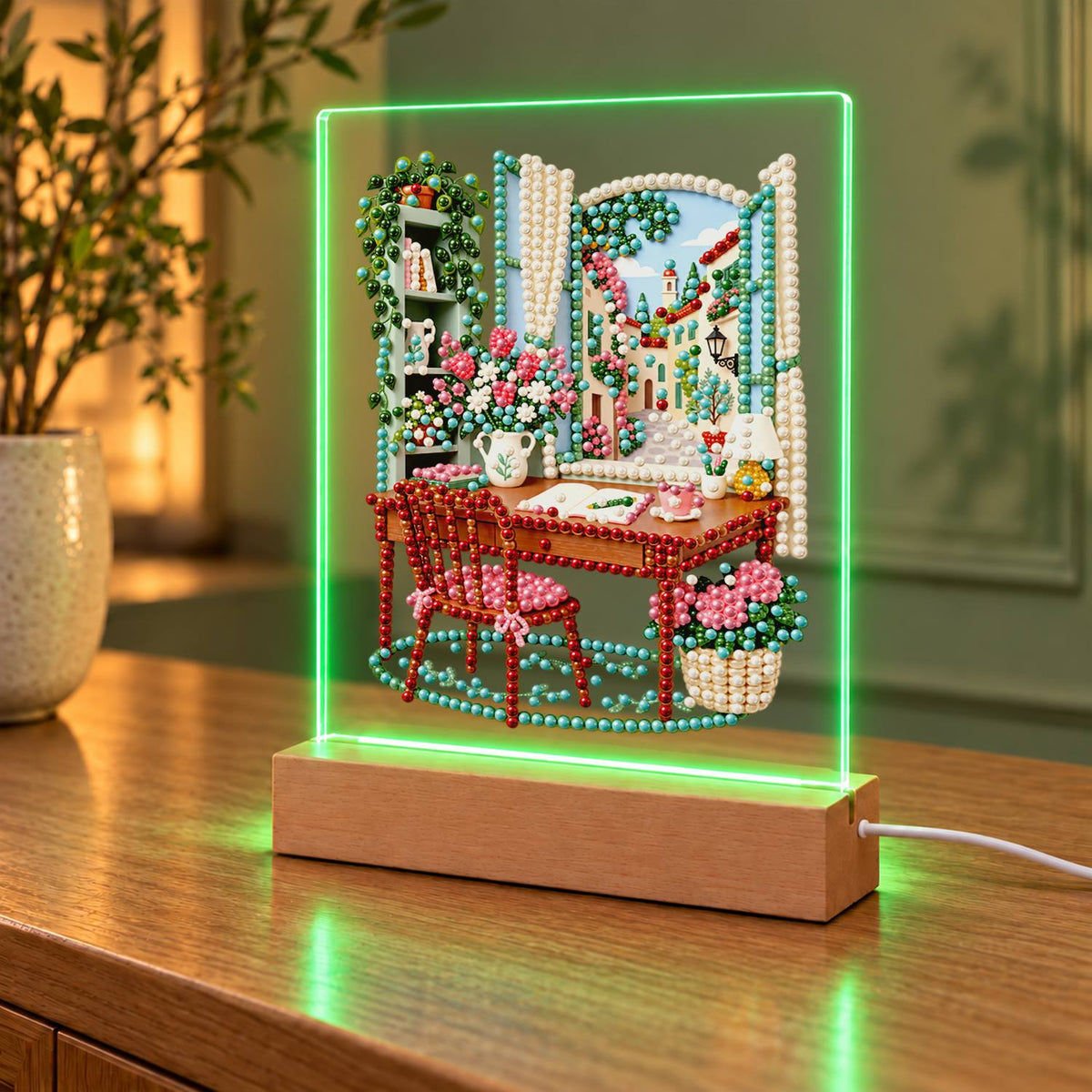 Writing Desk by a Village Window (Light-Up Pearl Painting)