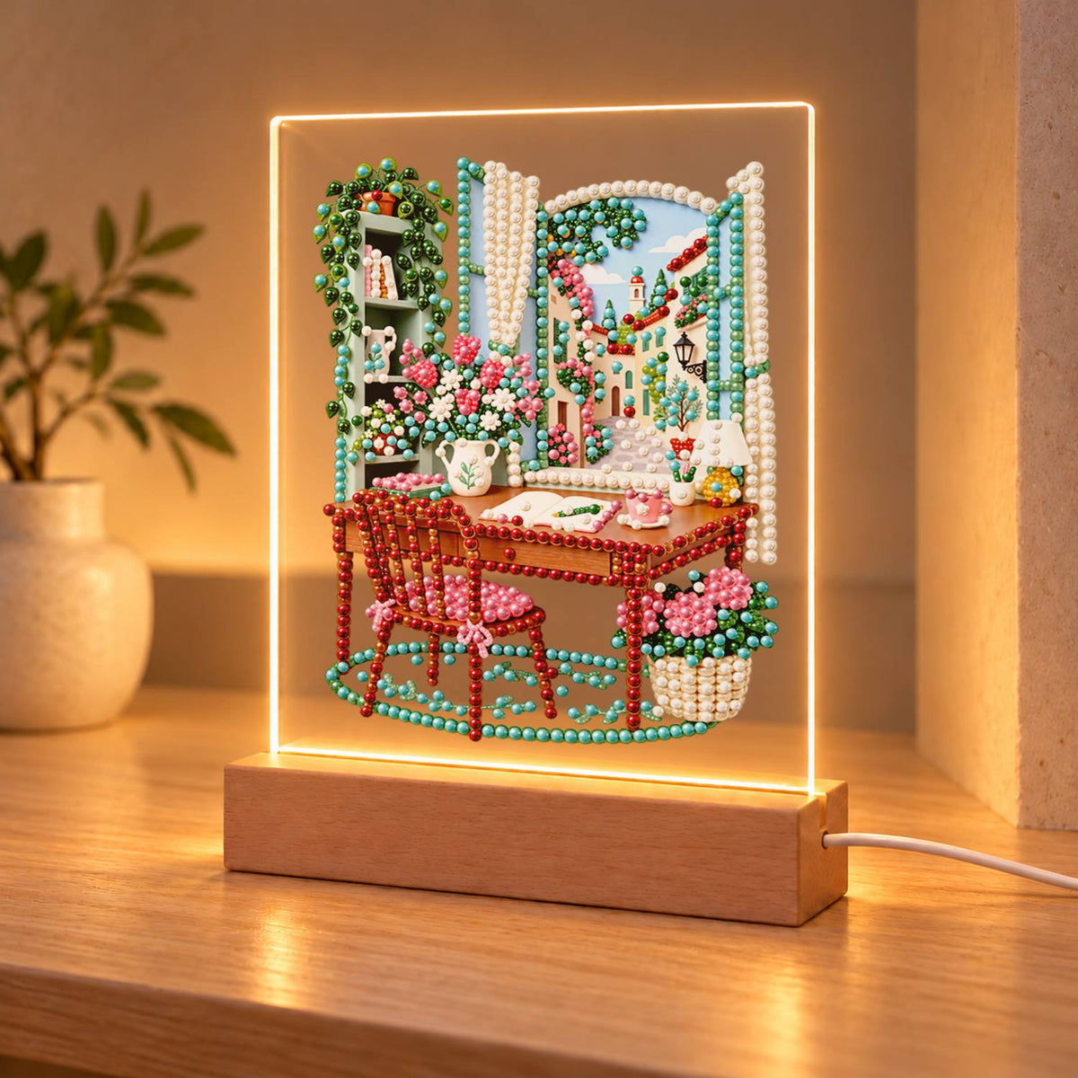 Writing Desk by a Village Window (Light-Up Pearl Painting)