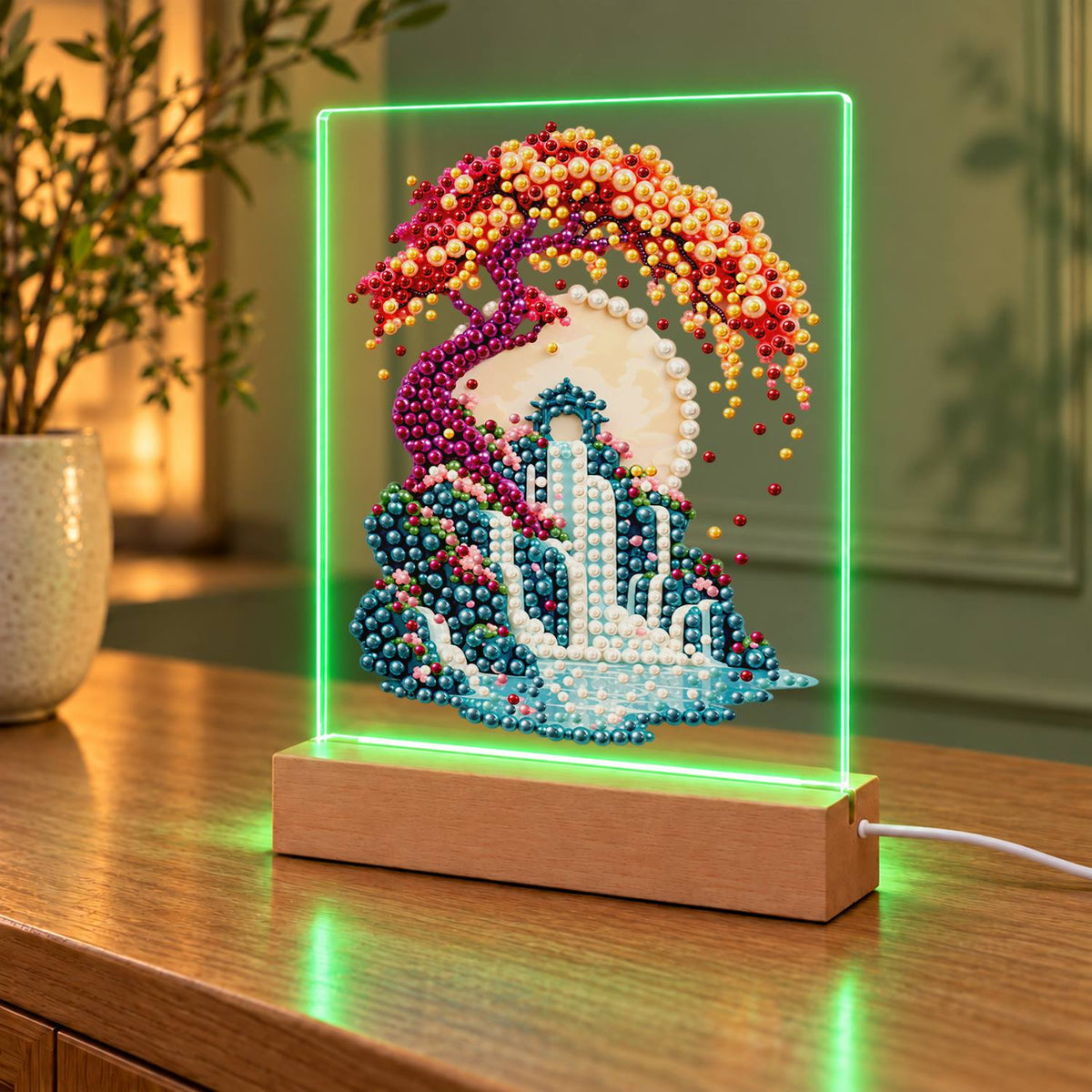 Twisting Tree Over a Waterfall (Light-Up Pearl Painting)