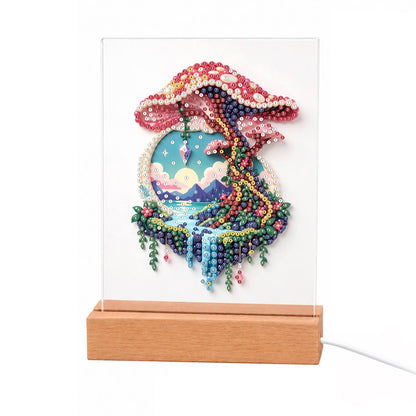 Pink Mushroom Over a Floating Isle light-up pearl painting – Giant pink mushroom with hanging vines over a floating island, framing mountains and a moon