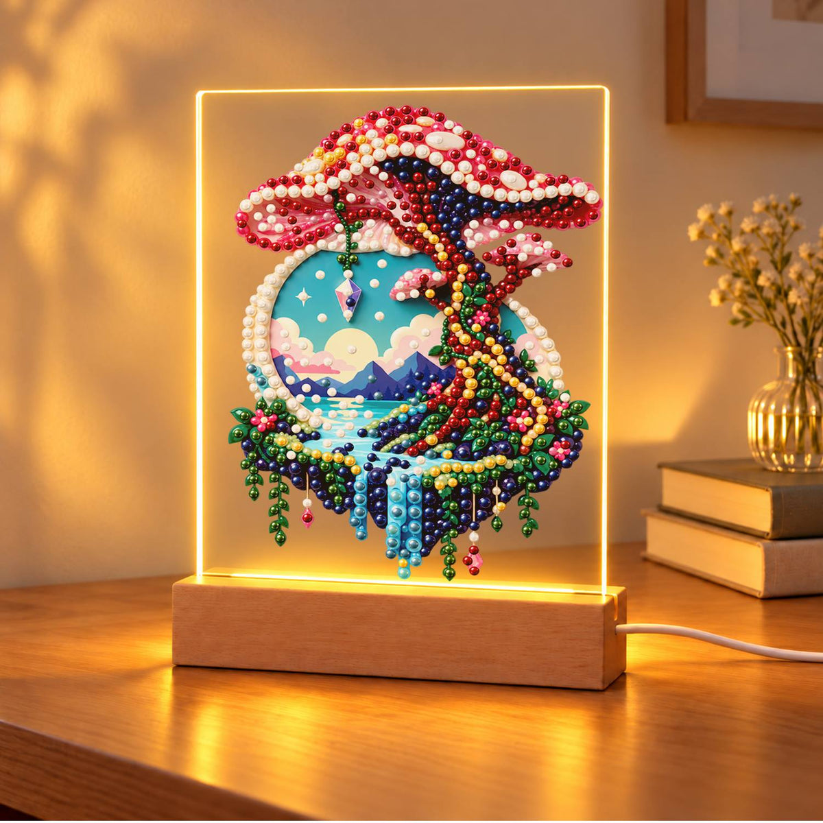 Pink Mushroom Over a Floating Isle (Light-Up Pearl Painting)