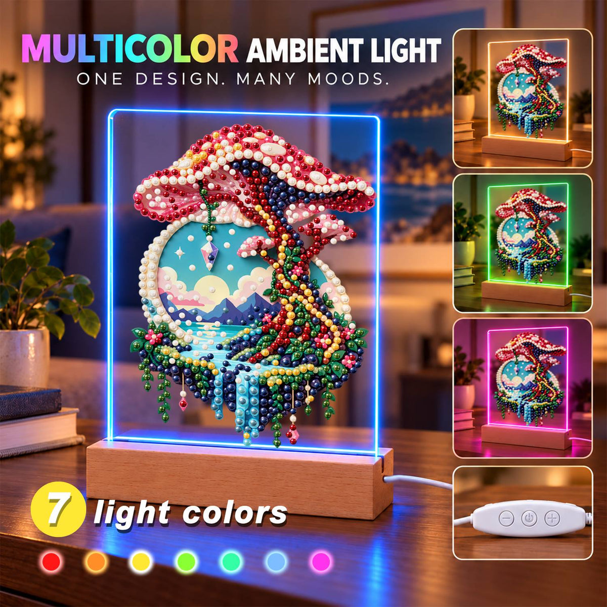 Pink Mushroom Over a Floating Isle (Light-Up Pearl Painting)