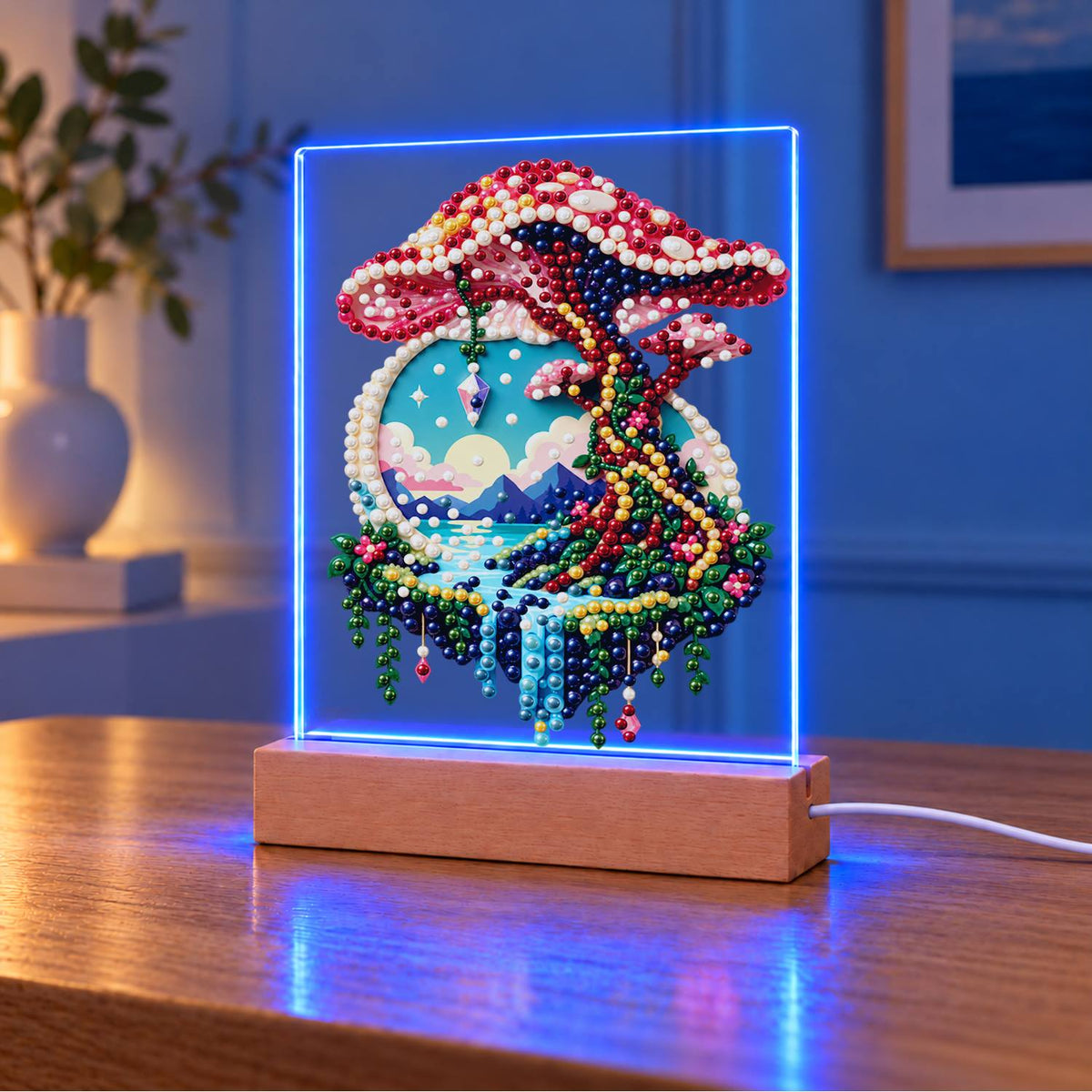 Pink Mushroom Over a Floating Isle (Light-Up Pearl Painting)