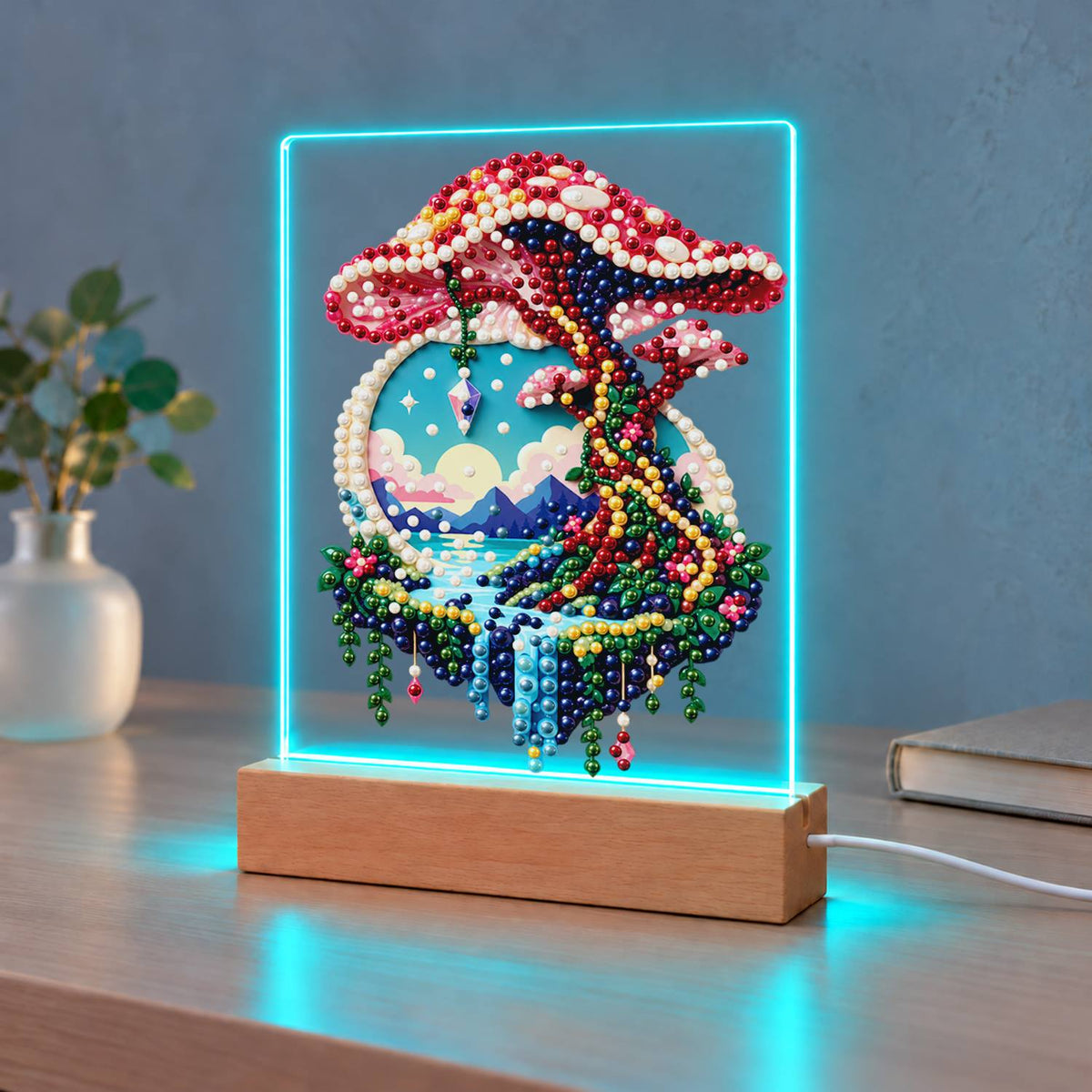 Pink Mushroom Over a Floating Isle (Light-Up Pearl Painting)