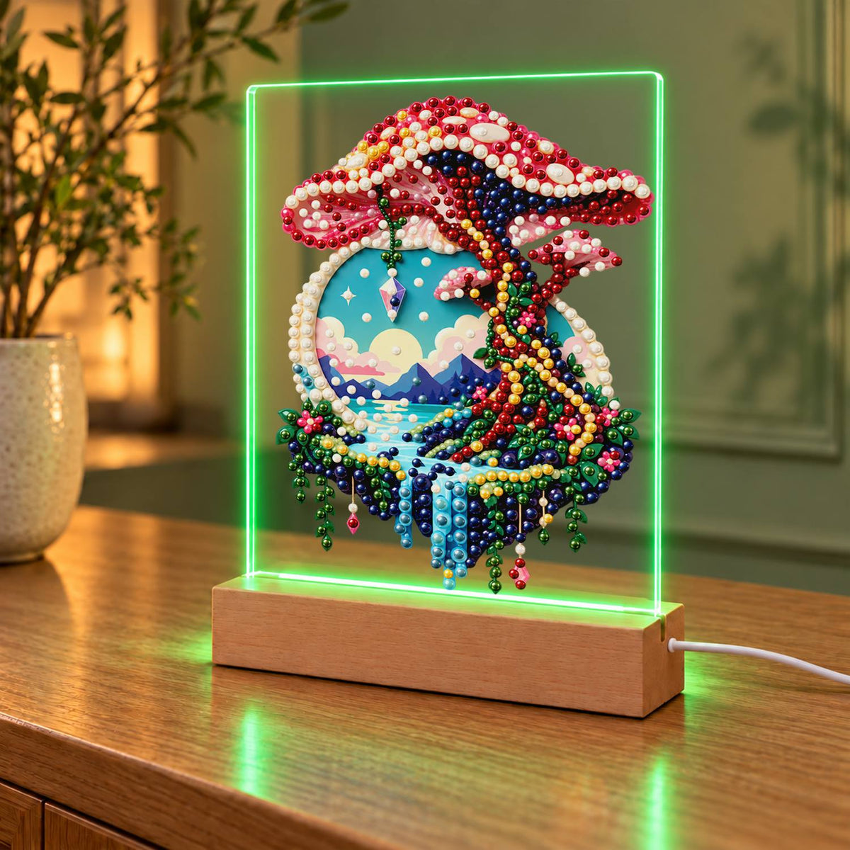 Pink Mushroom Over a Floating Isle (Light-Up Pearl Painting)