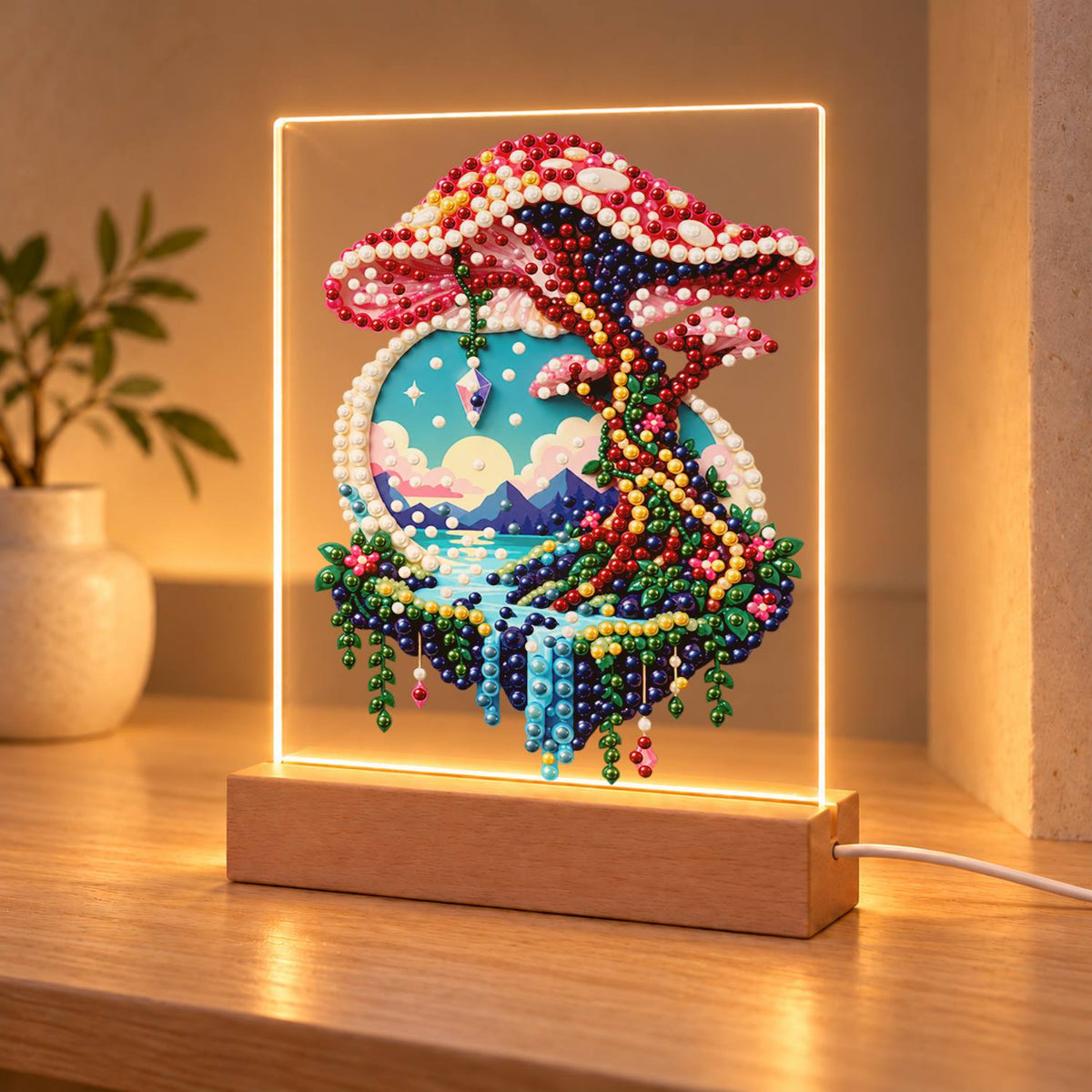 Pink Mushroom Over a Floating Isle (Light-Up Pearl Painting)