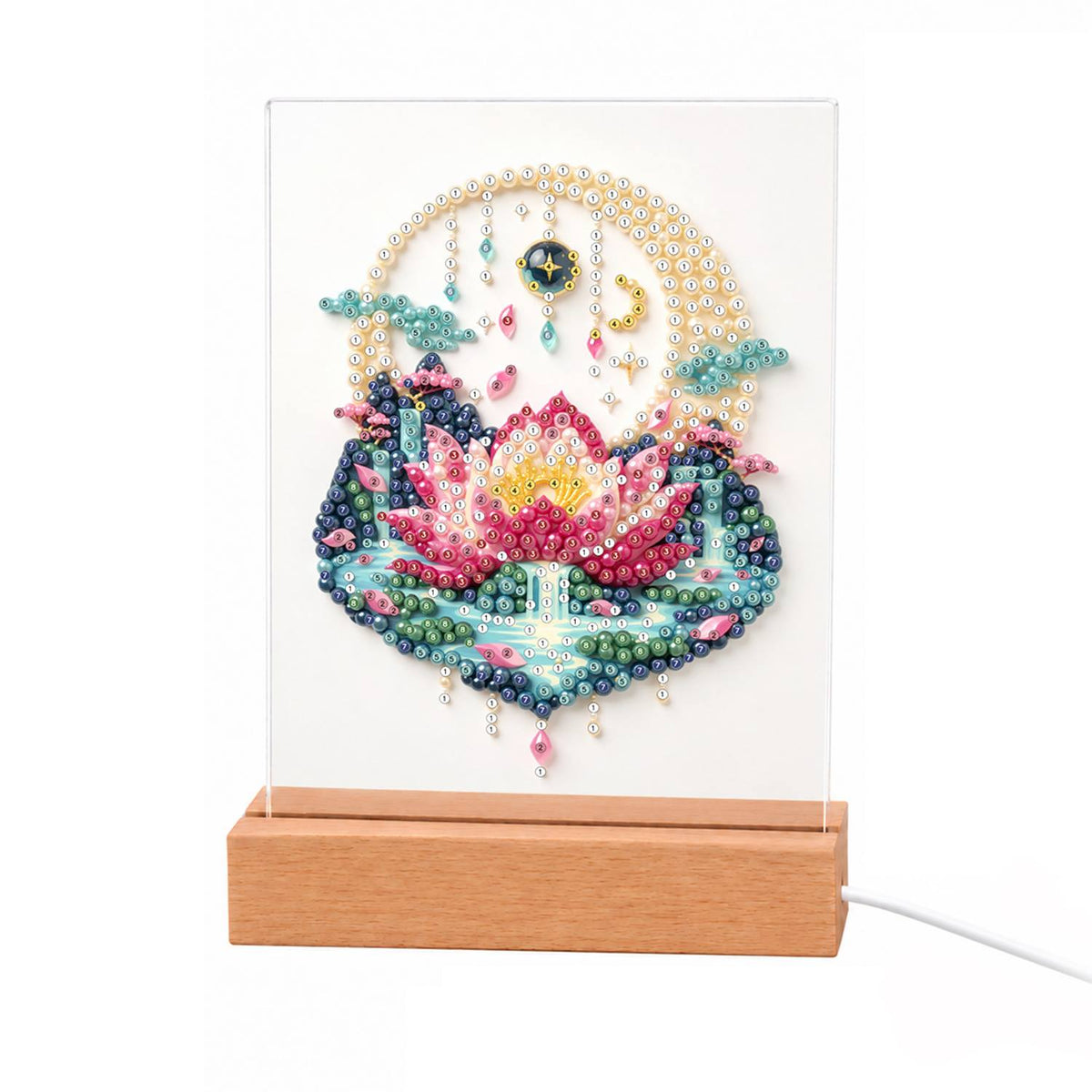 Pink Lotus in a Moonlit Pond light-up pearl painting – Pink lotus blooming on a teal pond island under a moon arch hung with beads and a crescent moon