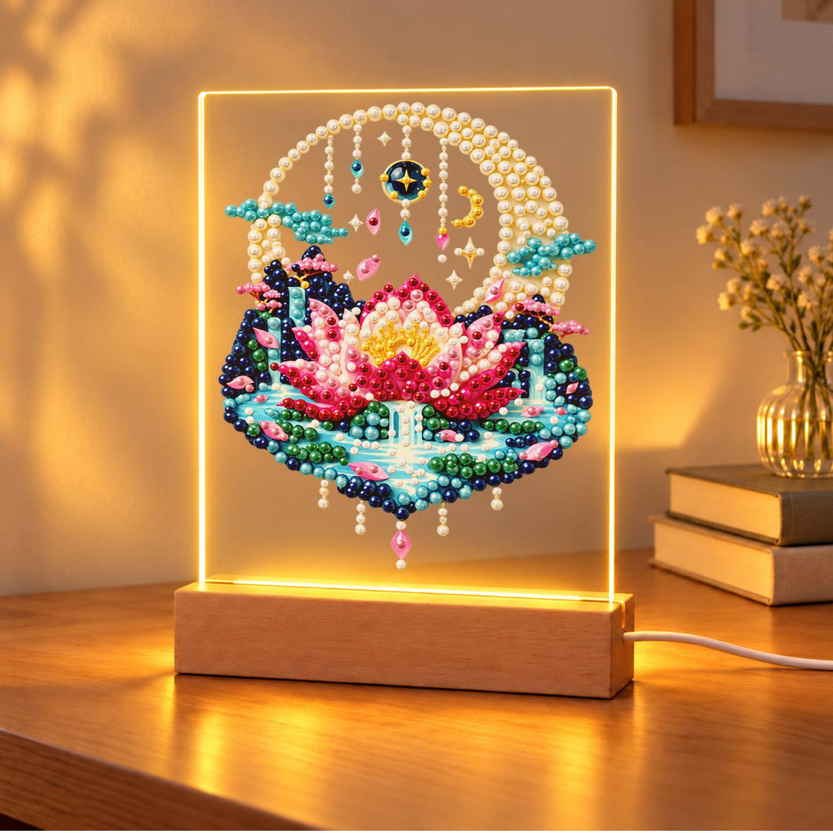 Pink Lotus in a Moonlit Pond (Light-Up Pearl Painting)