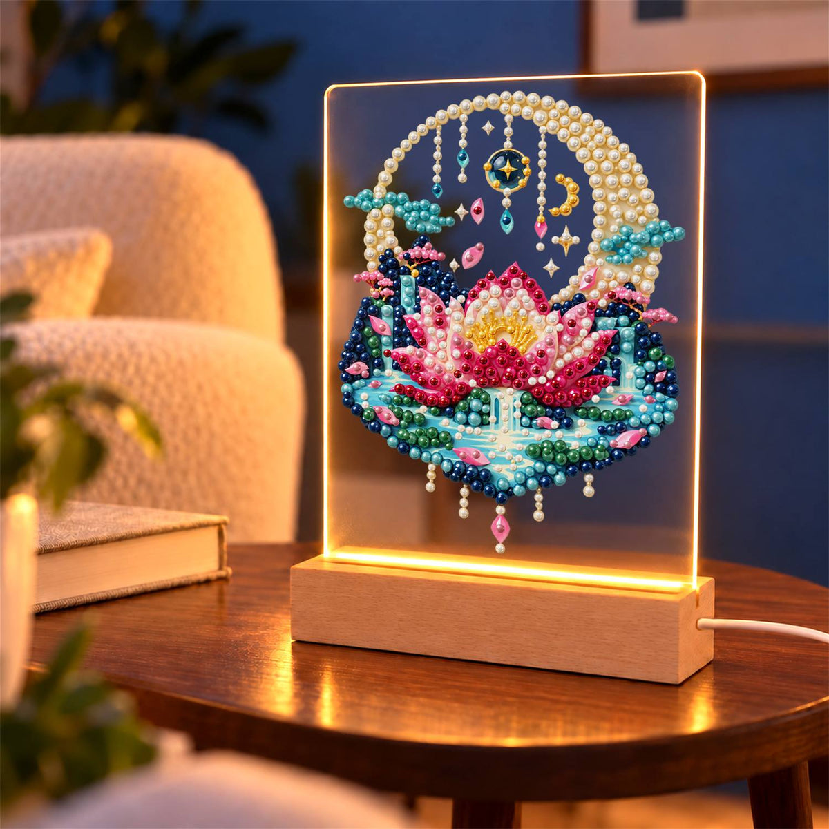 Pink Lotus in a Moonlit Pond (Light-Up Pearl Painting)