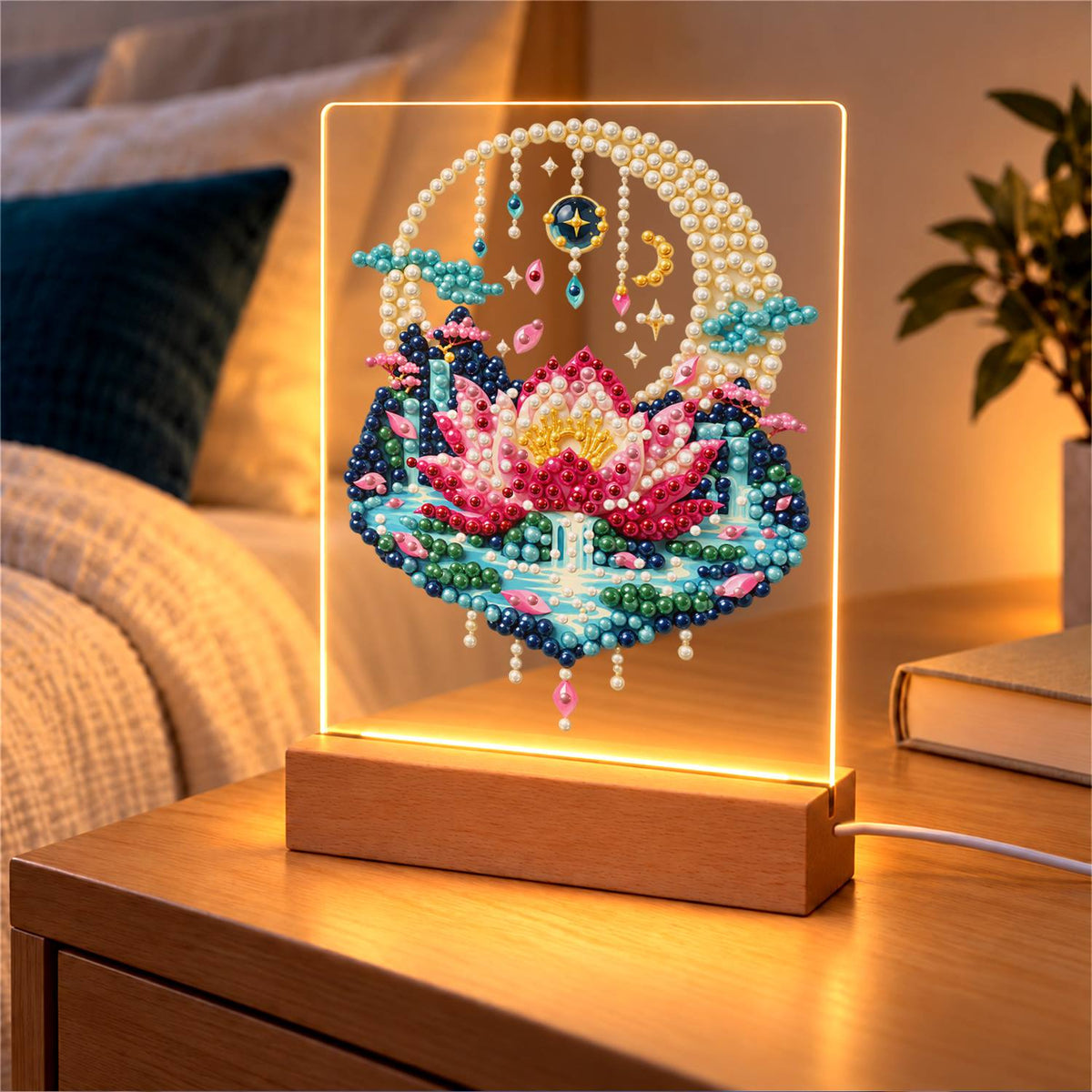Pink Lotus in a Moonlit Pond (Light-Up Pearl Painting)