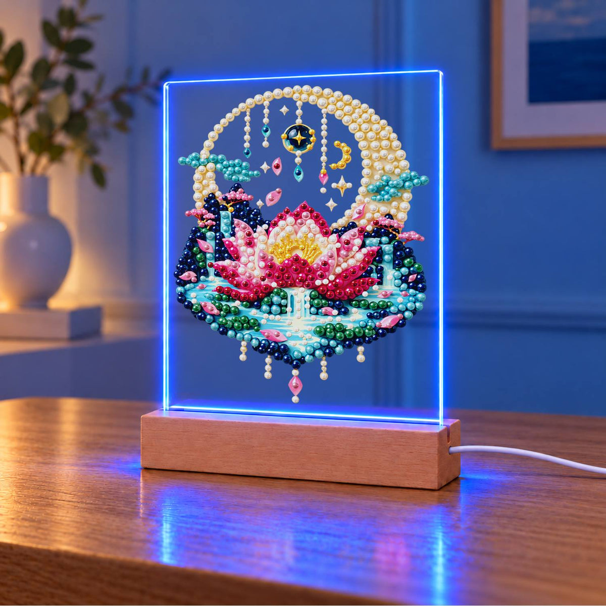 Pink Lotus in a Moonlit Pond (Light-Up Pearl Painting)