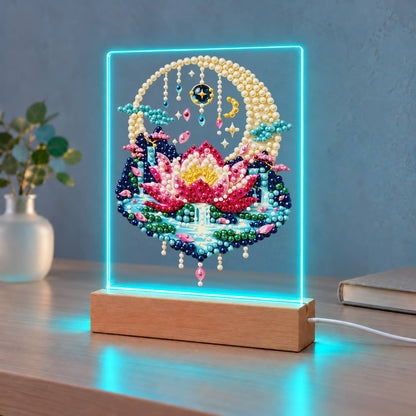 Pink Lotus in a Moonlit Pond (Light-Up Pearl Painting)