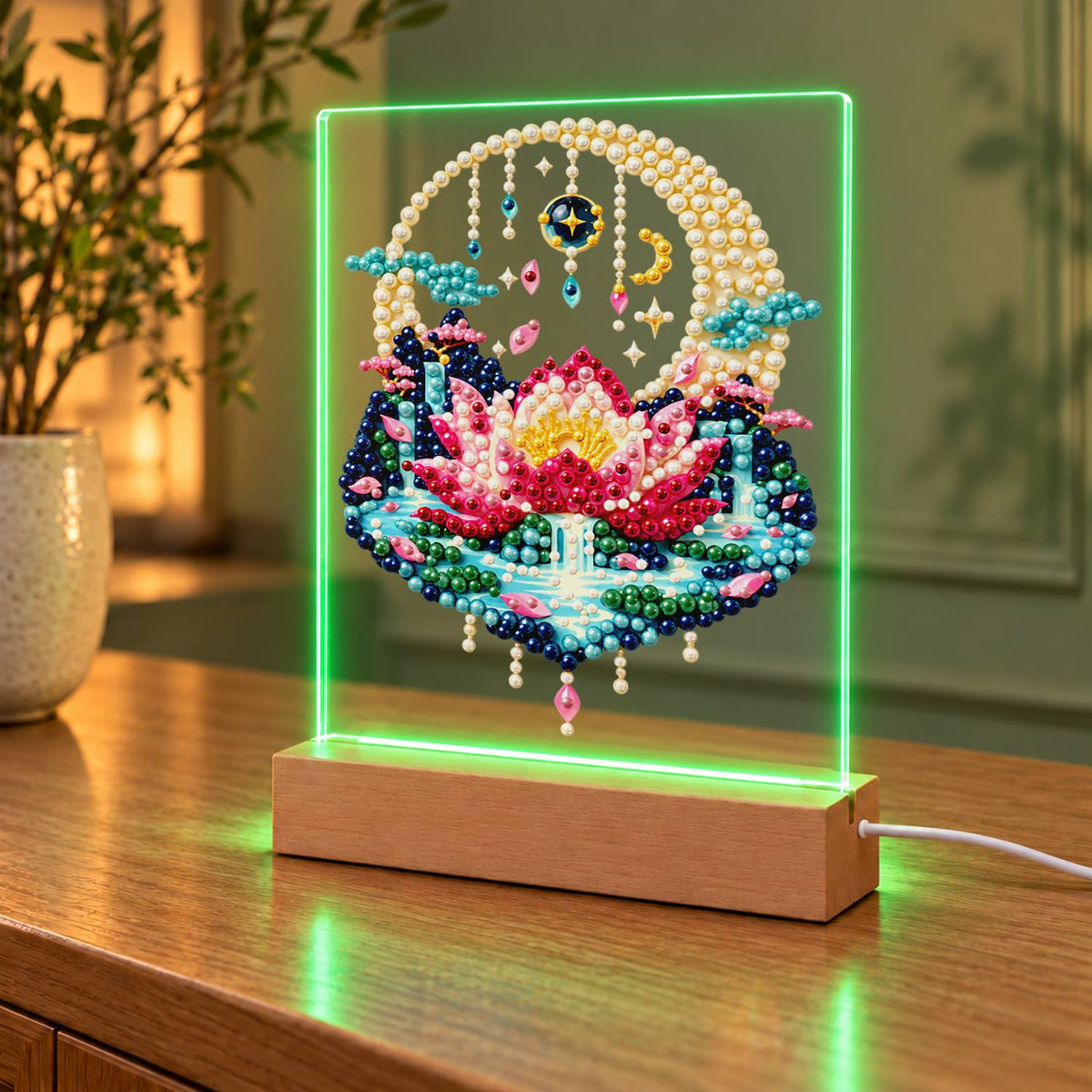 Pink Lotus in a Moonlit Pond (Light-Up Pearl Painting)