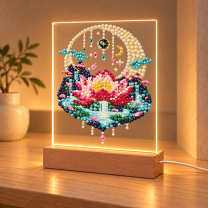 Pink Lotus in a Moonlit Pond (Light-Up Pearl Painting)