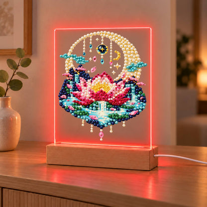 Pink Lotus in a Moonlit Pond (Light-Up Pearl Painting)