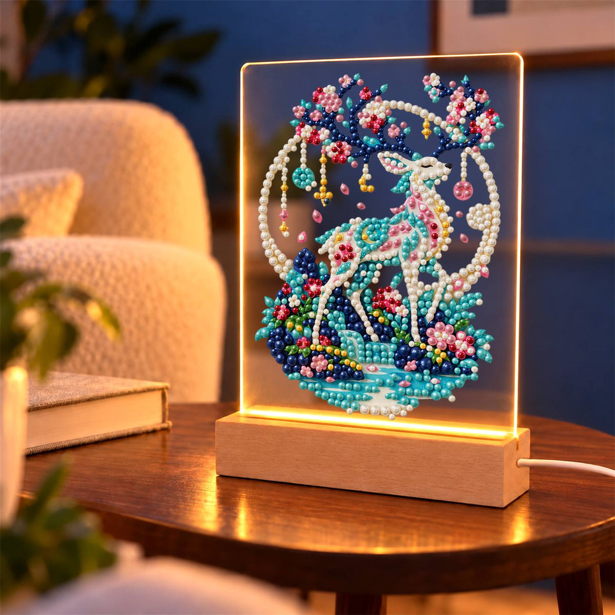 Blossom-Antlered Deer by the Moon (Light-Up Pearl Painting)