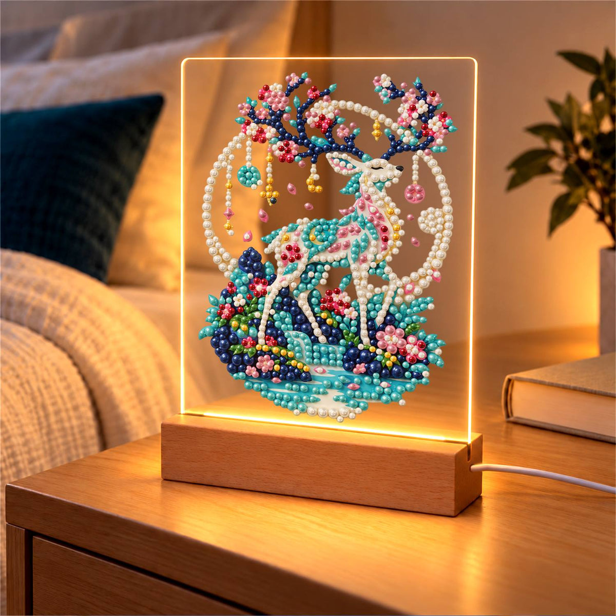 Blossom-Antlered Deer by the Moon (Light-Up Pearl Painting)