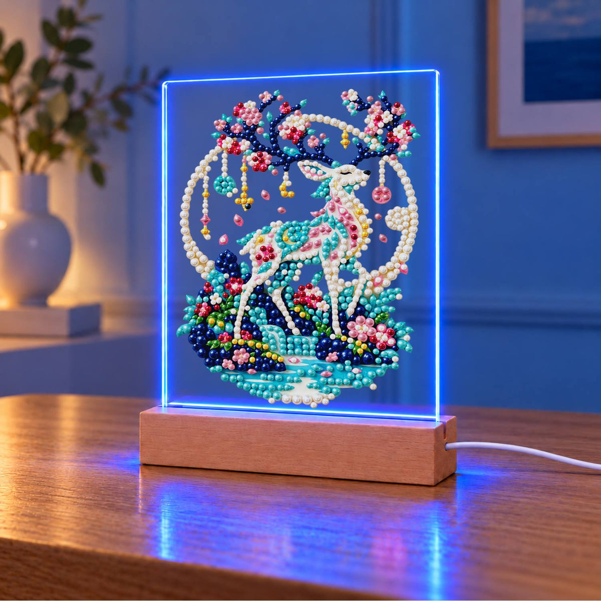 Blossom-Antlered Deer by the Moon (Light-Up Pearl Painting)