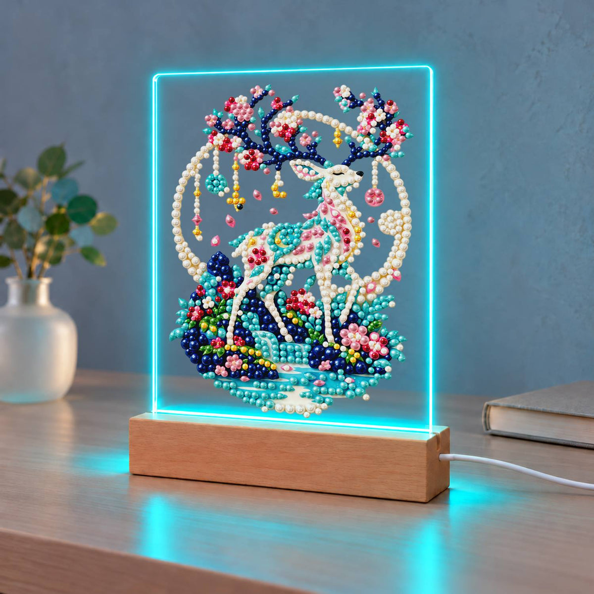 Blossom-Antlered Deer by the Moon (Light-Up Pearl Painting)