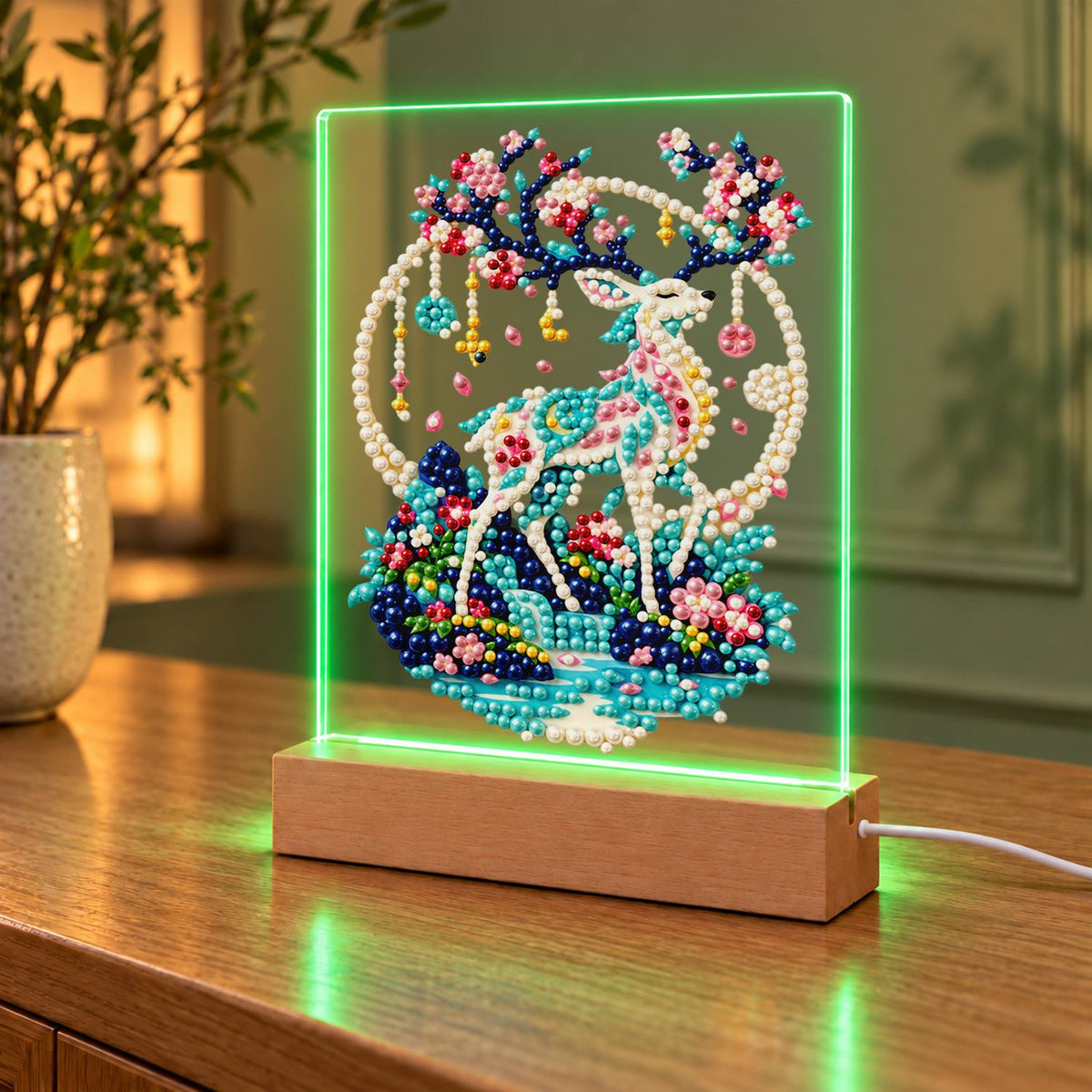 Blossom-Antlered Deer by the Moon (Light-Up Pearl Painting)