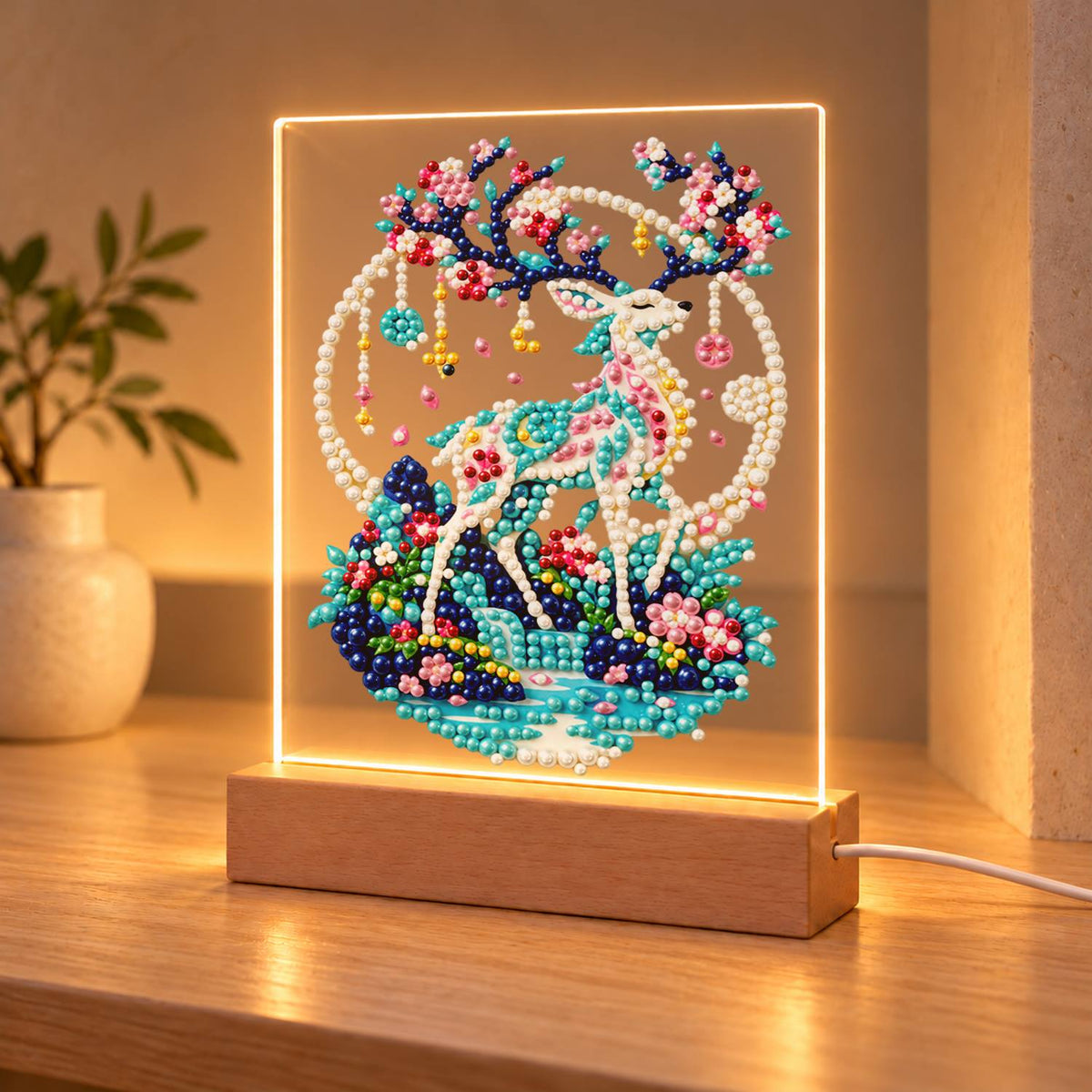 Blossom-Antlered Deer by the Moon (Light-Up Pearl Painting)