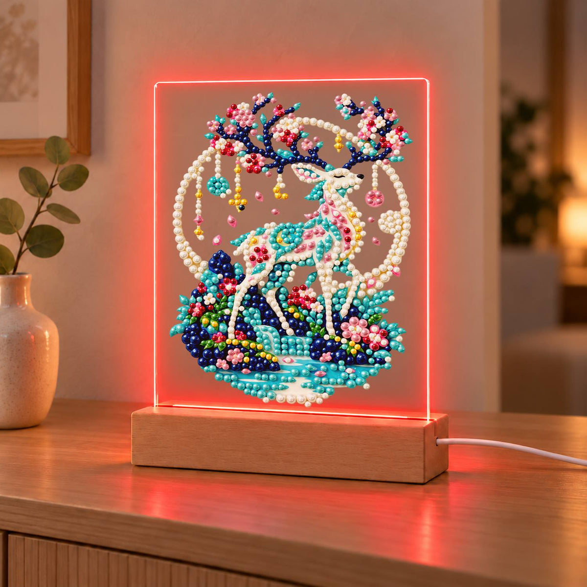 Blossom-Antlered Deer by the Moon (Light-Up Pearl Painting)
