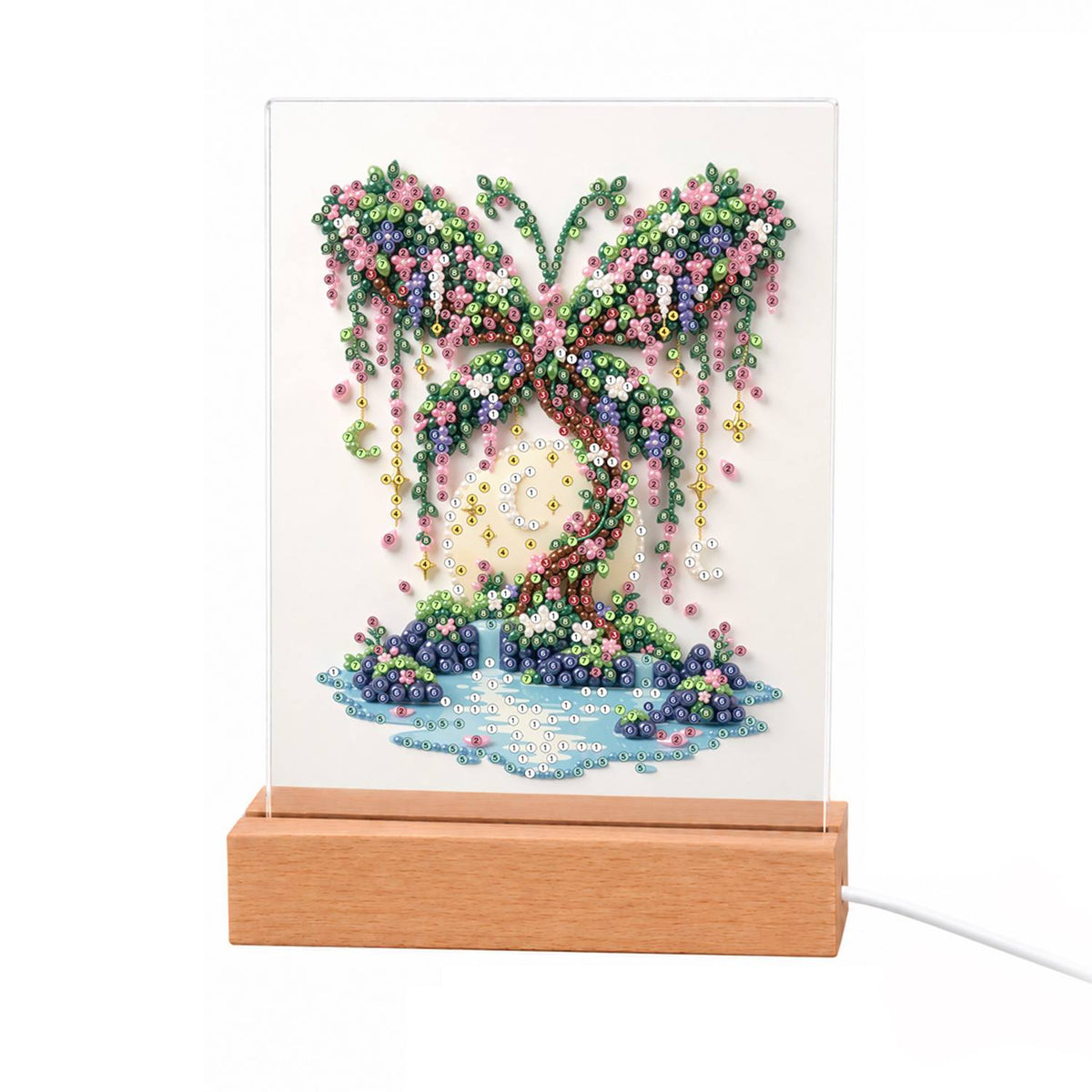 Butterfly Tree on a Moonlit Isle light-up pearl painting – Twisted tree whose pink and green canopy forms butterfly wings, on a small island with water and a moon