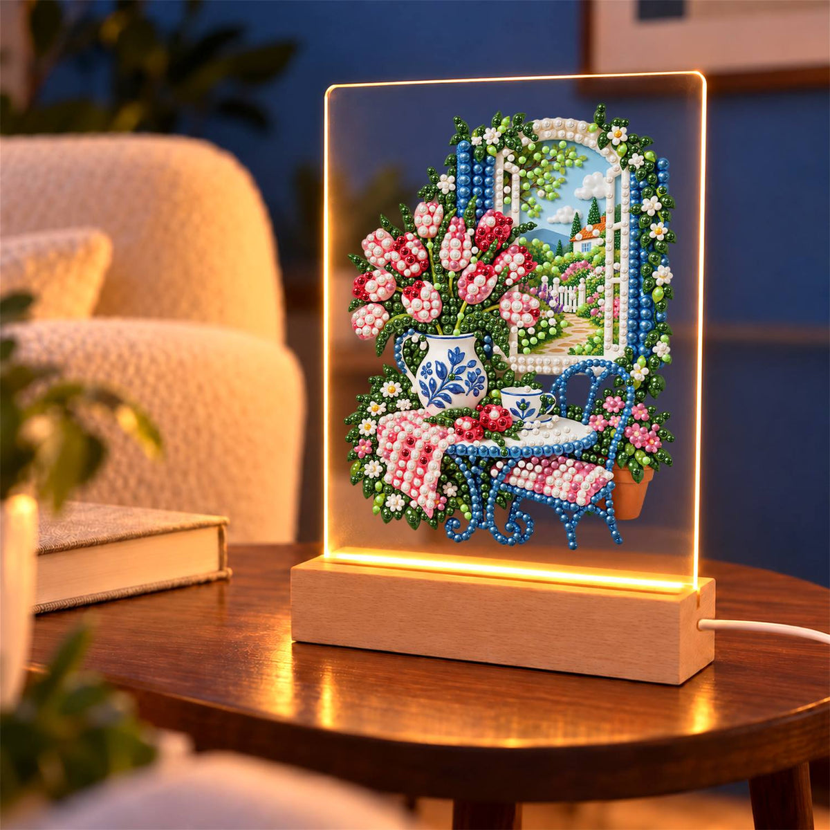 Tulip Vase by a Garden Window (Light-Up Pearl Painting)