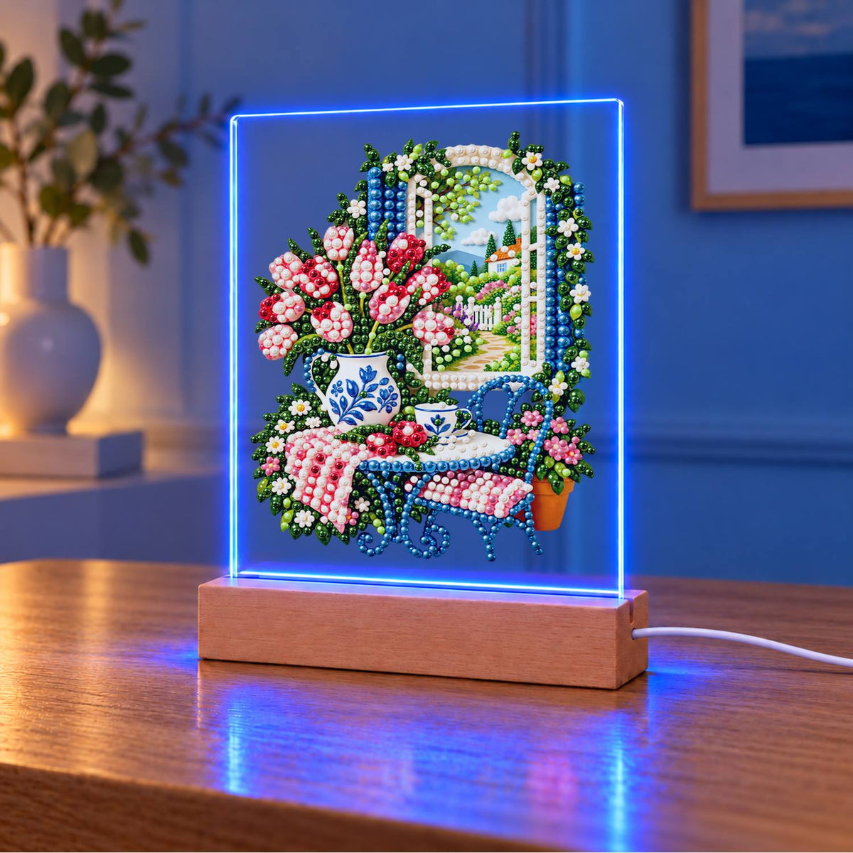 Tulip Vase by a Garden Window (Light-Up Pearl Painting)