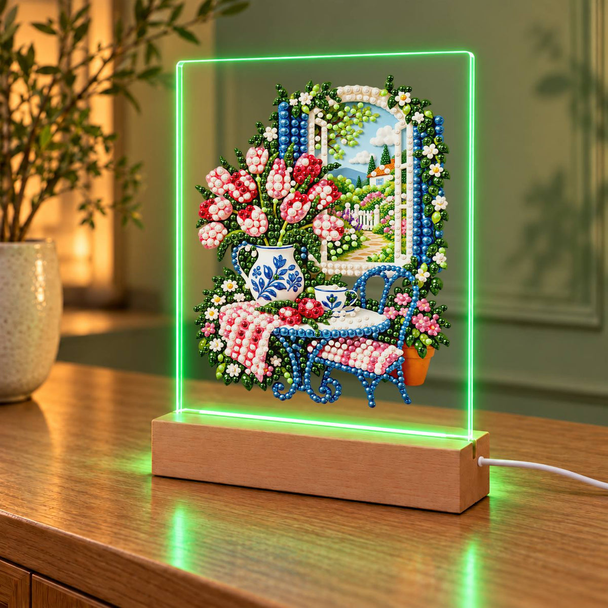 Tulip Vase by a Garden Window (Light-Up Pearl Painting)