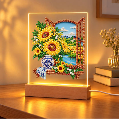 Sunflowers at a Lakeside Window (Light-Up Pearl Painting)