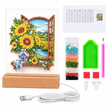 Sunflowers at a Lakeside Window (Light-Up Pearl Painting)