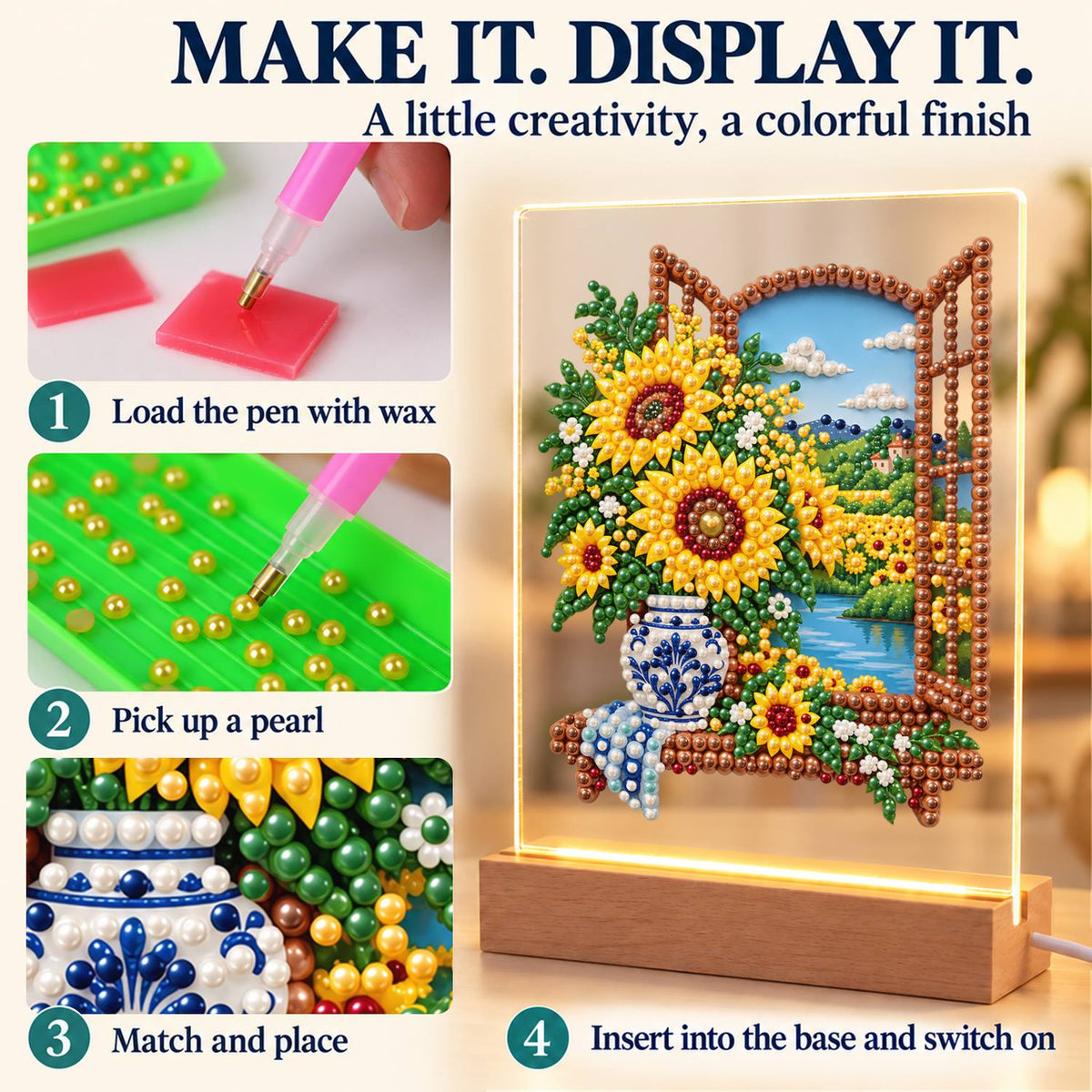 Sunflowers at a Lakeside Window (Light-Up Pearl Painting)