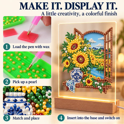 Sunflowers at a Lakeside Window (Light-Up Pearl Painting)