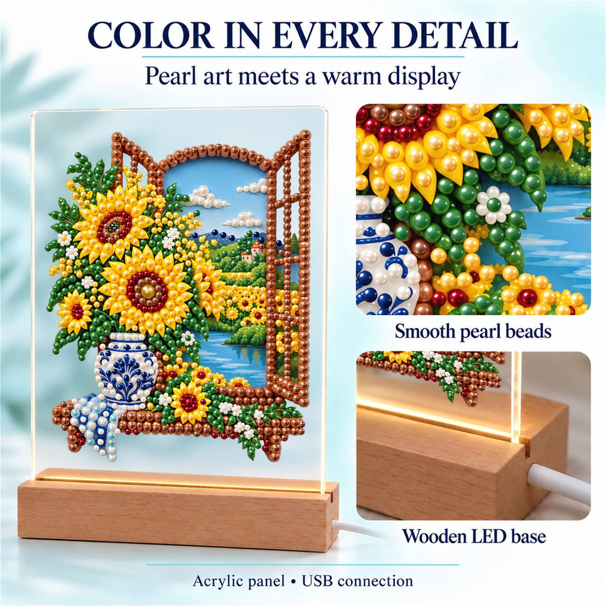 Sunflowers at a Lakeside Window (Light-Up Pearl Painting)