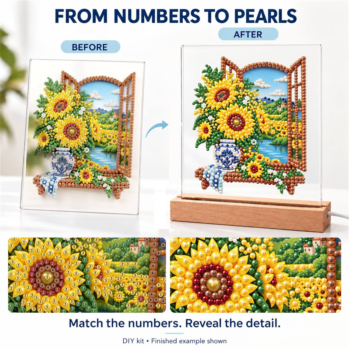 Sunflowers at a Lakeside Window (Light-Up Pearl Painting)