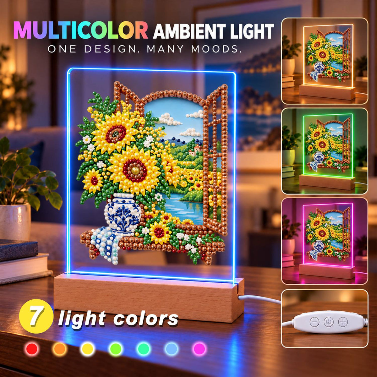 Sunflowers at a Lakeside Window (Light-Up Pearl Painting)